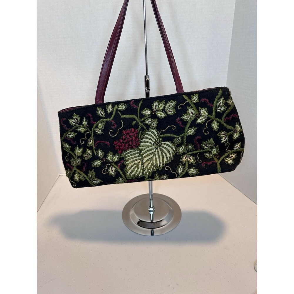 Carolee Vintage Embroidered Black Wool Hand Bag Purse, Acorn Motif With Beads